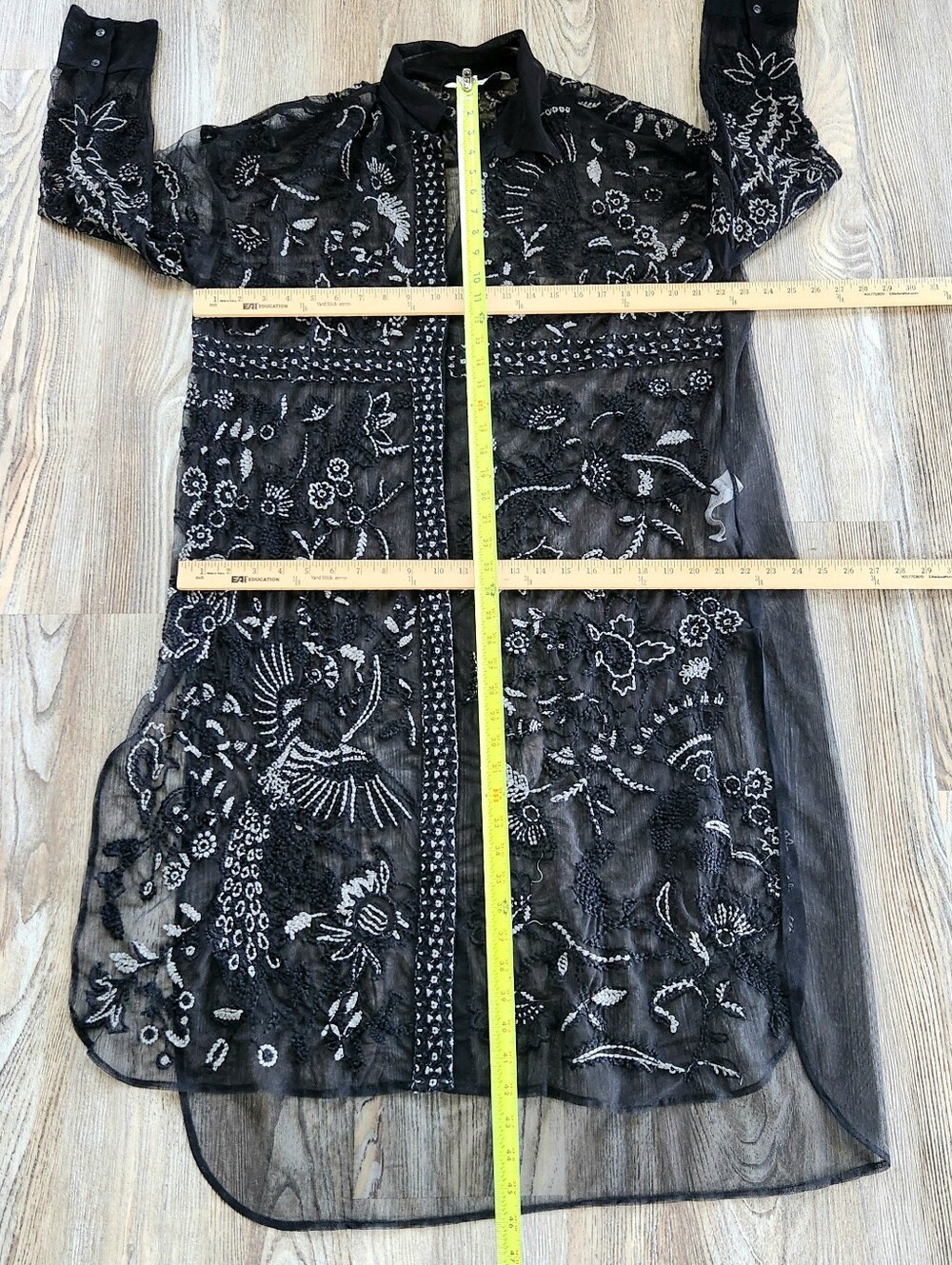 Zara Embroidered Sheer Maxi Length Top Womens M Black Whimsy Goth Button Up - Picture 14 of 16